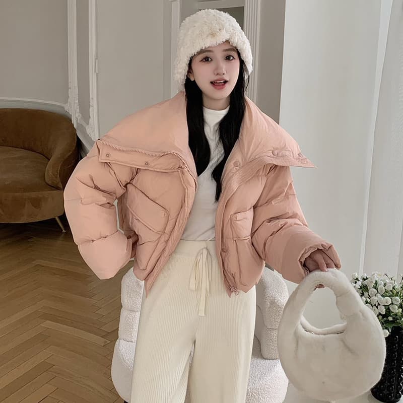 Large lapel short down jacket for women 2025 winter Korean version sweet thickened big pocket student warm bread jacket trendy