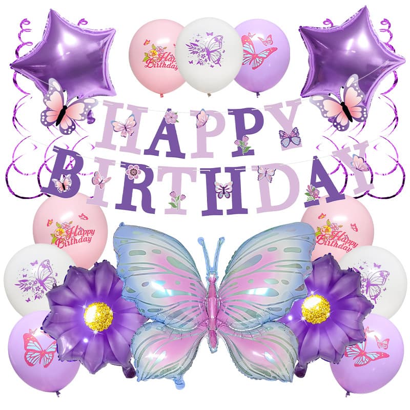 Jungle Butterfly Theme Birthday Party Balloon Set Purple Banner Style Party Scene Decoration Photo Props