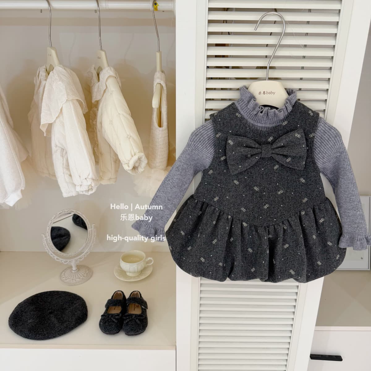 [Le En Children's Clothing] Original design winter girls gray bow vest plus velvet skirt Korean style small fragrant skirt