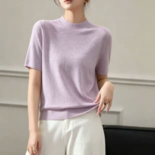 Worsted Wool Half Turtleneck Knit Short Sleeve Women's Inner Layer Spring Autumn New French Slim Fit Basic Top