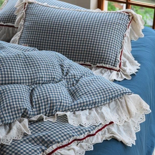 French Vintage Cotton Yarn-Dyed Double-Layer Gauze Four-Piece Bedding Set, Simple Plaid with Ruffled Hem, Washed Crepe Gauze Duvet Cover