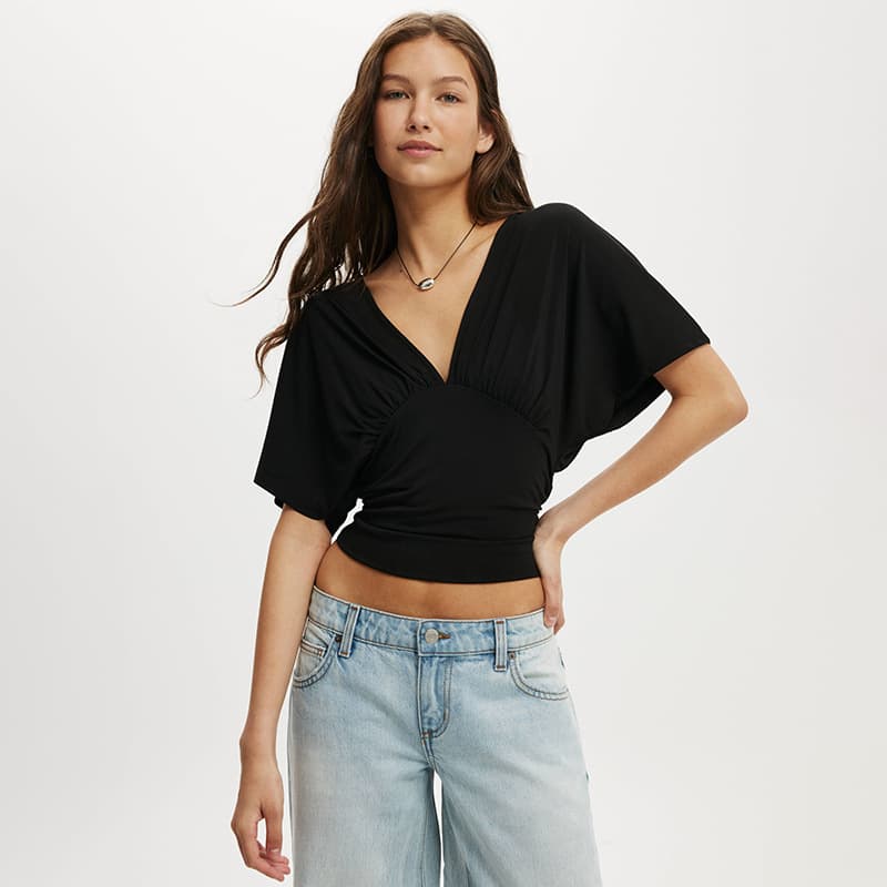 J26TP033 Women's Spring/Summer New Round Neck V-Neck Batwing Sleeve Waist-Tied T-Shirt Top for Amazon EU/US Cross-Border