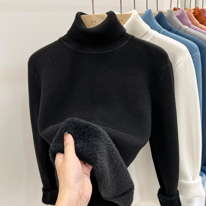 Black turtleneck sweater for women, autumn and winter 2024 new warm mink all-in-one velvet plus velvet thickened bottoming shirt for women