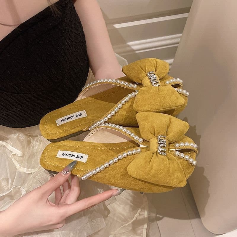 Korean-style bow front-clog slippers for women, 2025 spring/summer new fairy style, low-heel sandals to match dresses