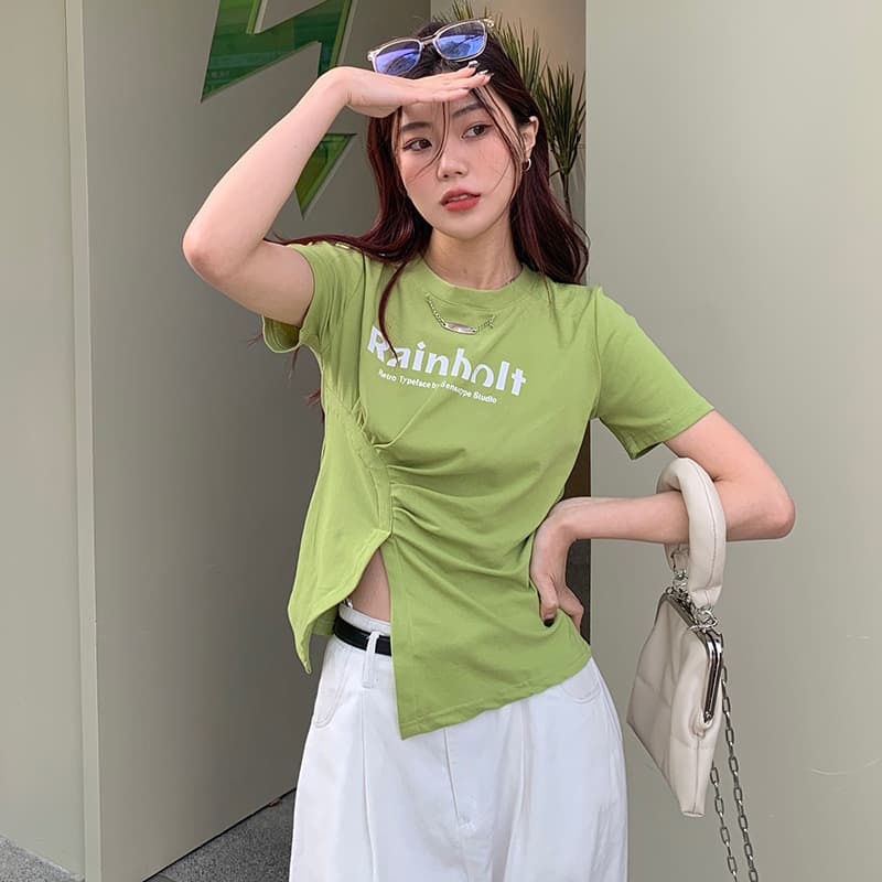 Xinyu American-style Slit Short Sleeve T-shirt for Women Summer Cotton Regular Shoulder Base Layer Sexy Cropped Top Women's Clothing