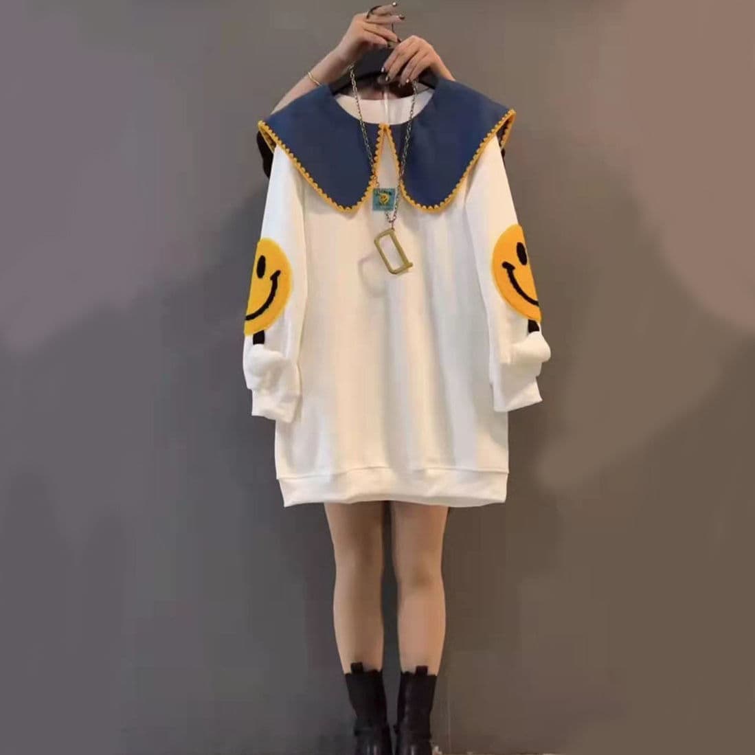 Fashionable Youthful Peter Pan Collar Plus Size Up to 300 Jin Mid-Length Sweatshirt, Spring/Autumn Lazy Style Thin Loose Top Trendy