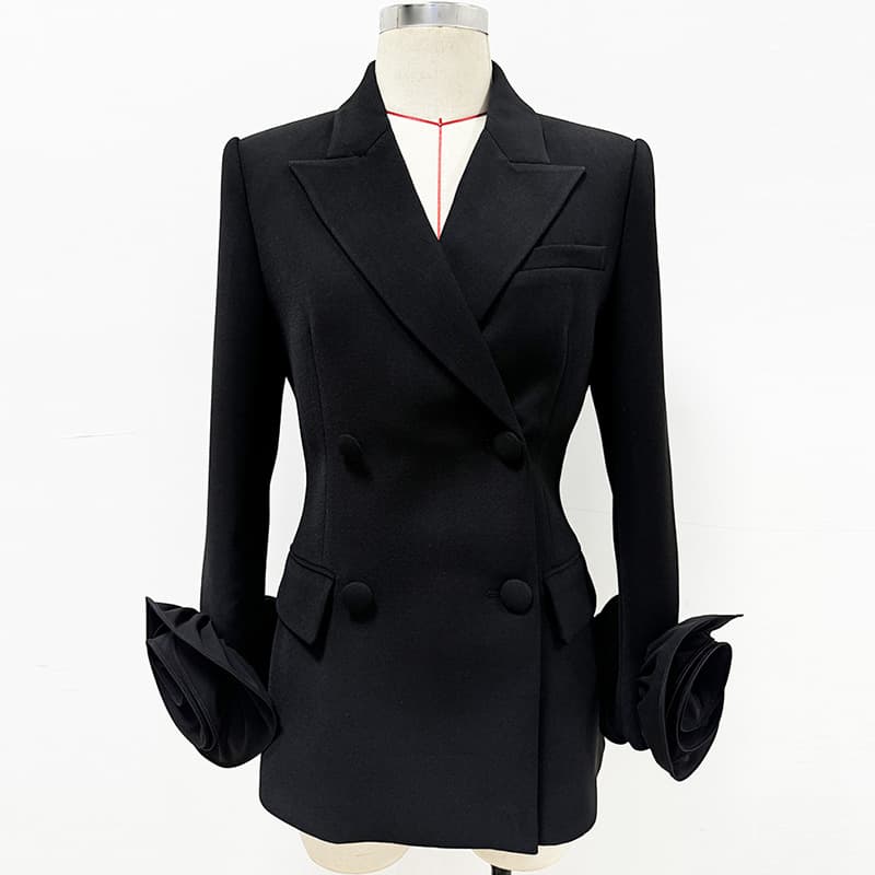 In Stock 2026 European and American Celebrity Fashion New Style Cuff Three-Dimensional Flower Decor Double-Breasted Slim Fit Blazer Jacket