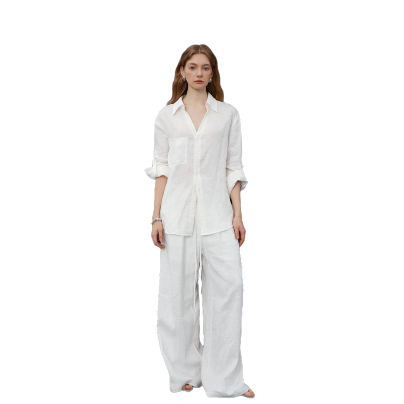 Relaxed and Comfortable V-Neck Linen Shirt, Loose Fit, Simple Sun-Protection Long-Sleeve Blouse, Elastic Waist Straight-Leg Pants