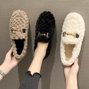 Drop Shipping Winter Clog Shoes Fleece Lined Fuzzy Shoes Women Korean Flat Warm Cotton Shoes Non-slip Mother Shoes