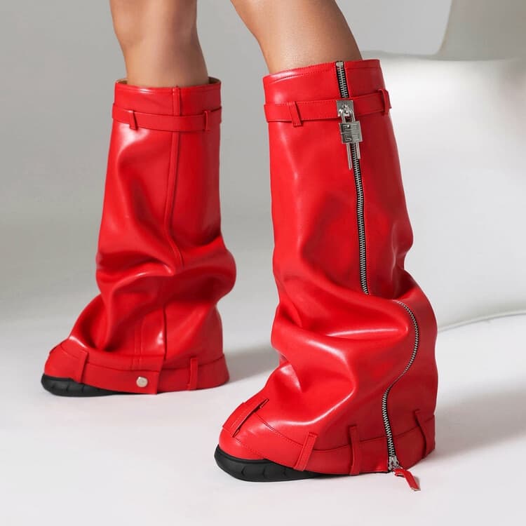 2025 New Thick Sole Denim Boots with Shark Toe, Side Fringe, Large Size Long Boots with Belt Buckle and Wedge Heel for Women