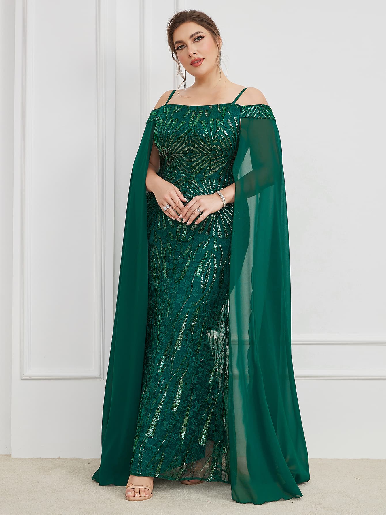 Plus Size Sequin Strapless Dress with Flutter Sleeves, Bodycon Fishtail Long Evening Gown for Women on Amazon