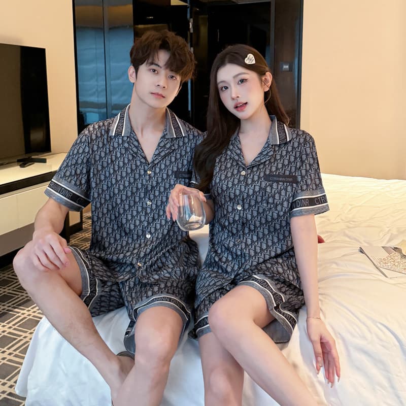 Ice Silk Couple Pajamas Summer Men's and Women's Short Sleeve Shorts Set Homewear Short Sleeve Shorts Wearable Outdoors Cross-Border