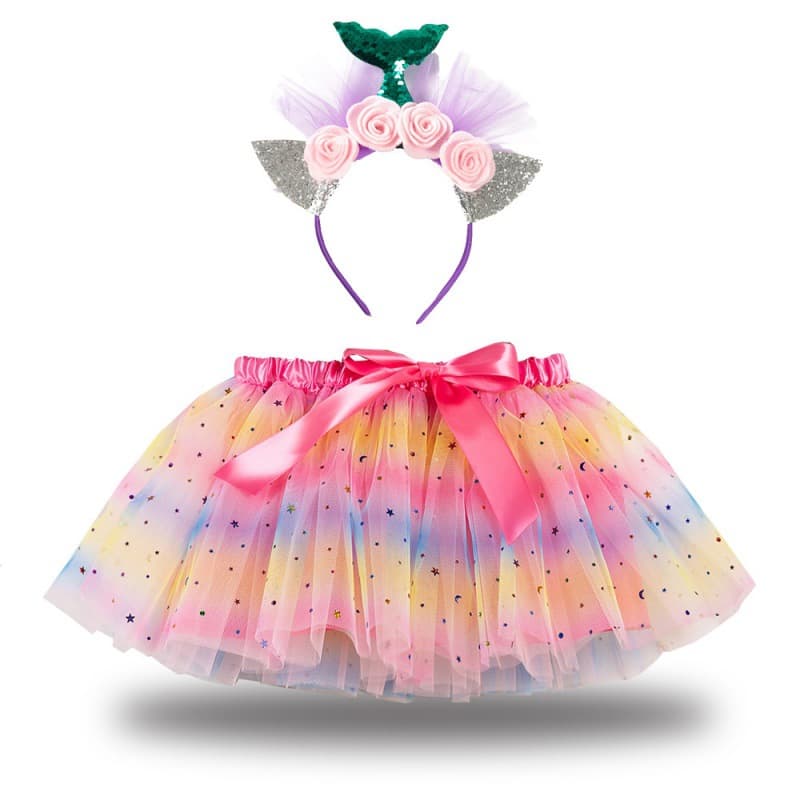 2022 New Children's Clothing Star and Moon Mesh Skirt with Lining Tutu Skirt for Toddlers and Young Girls, Includes Hair Accessories