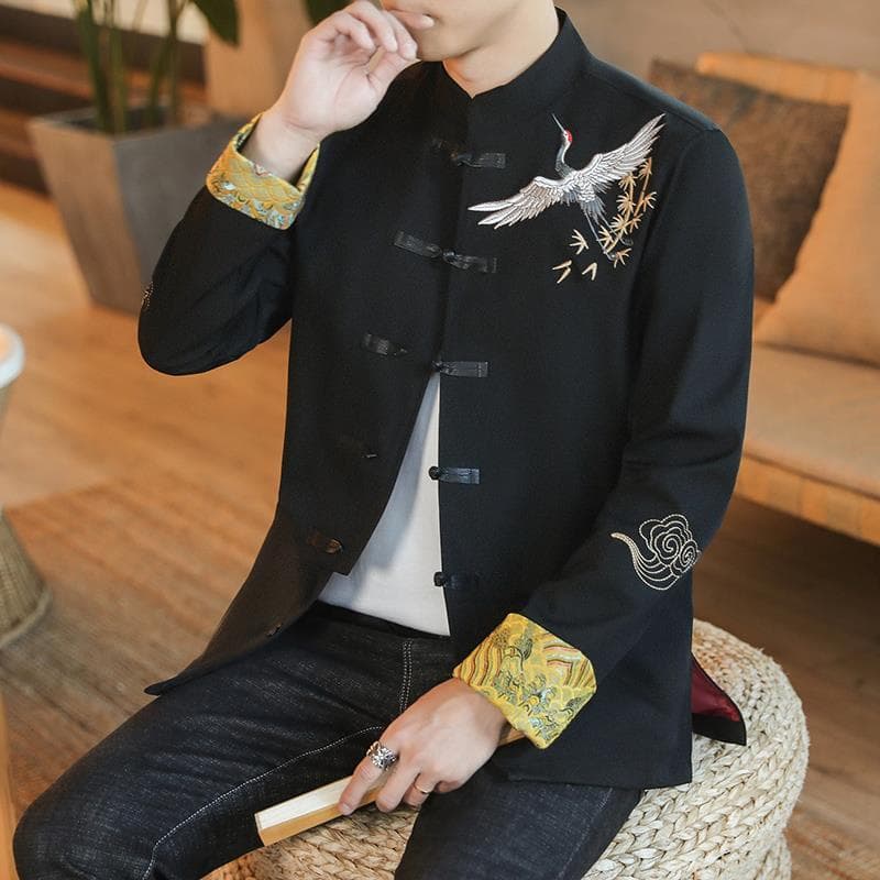 Tang suit men's trendy retro jacket with crane embroidery, Chinese style men's plus size, Chinese tea performance Hanfu