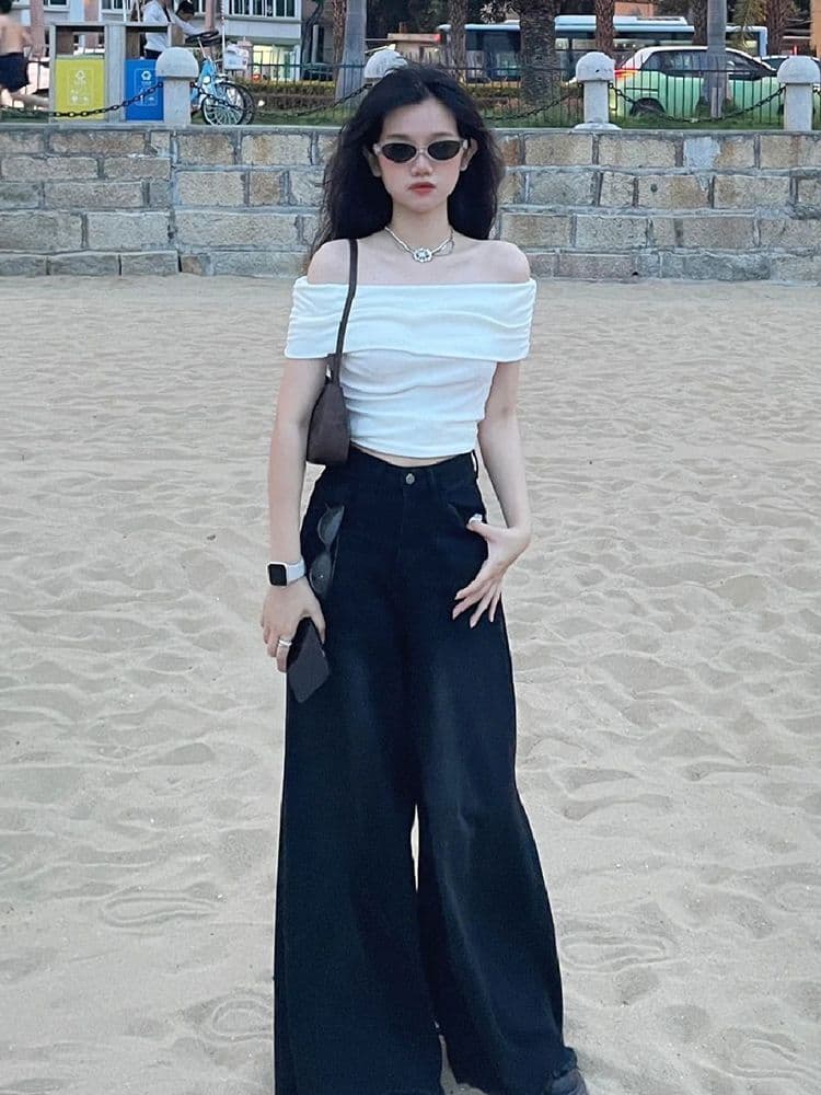 Women's Off-Shoulder Short Sleeve Top Summer New Retro Sexy Fitted Waist-Cinching Crop Top