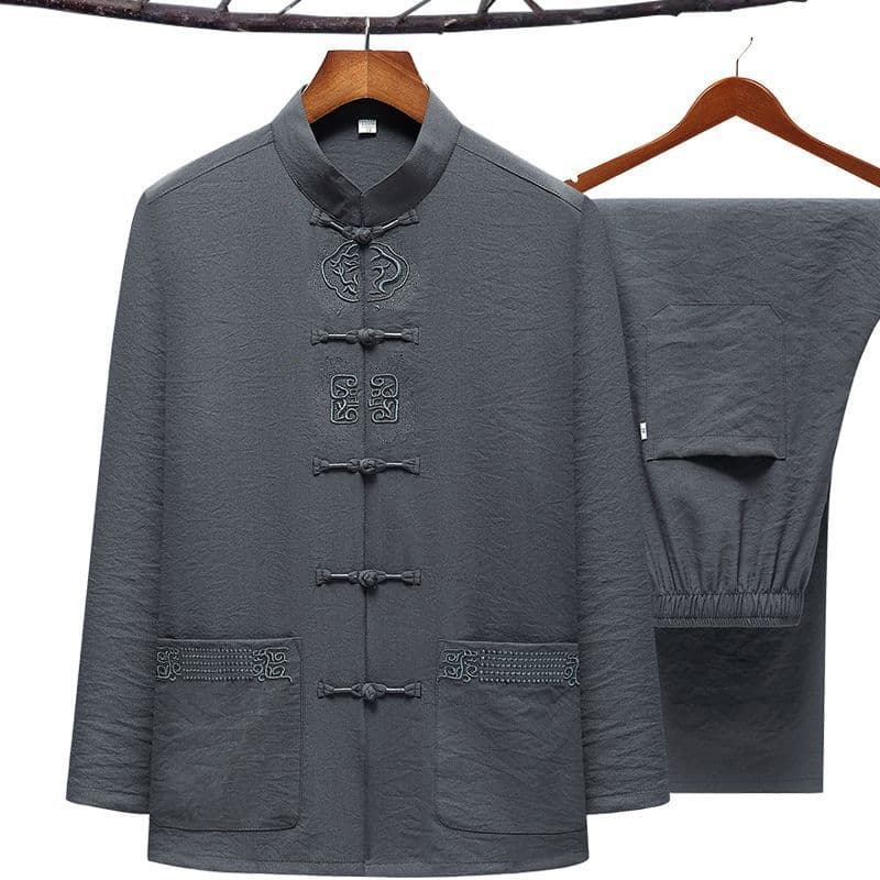 Spring Autumn Tang Suit Men's Long Sleeve Middle-Aged and Elderly Dad Outfit Casual Hanfu Embroidered Shirt Grandpa Two-Piece Set Summer