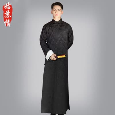 Original black jacquard patterned men's Chinese-style long robe/mandarin jacket with stand-up collar, suitable for theatrical performances, campus life, and crosstalk.