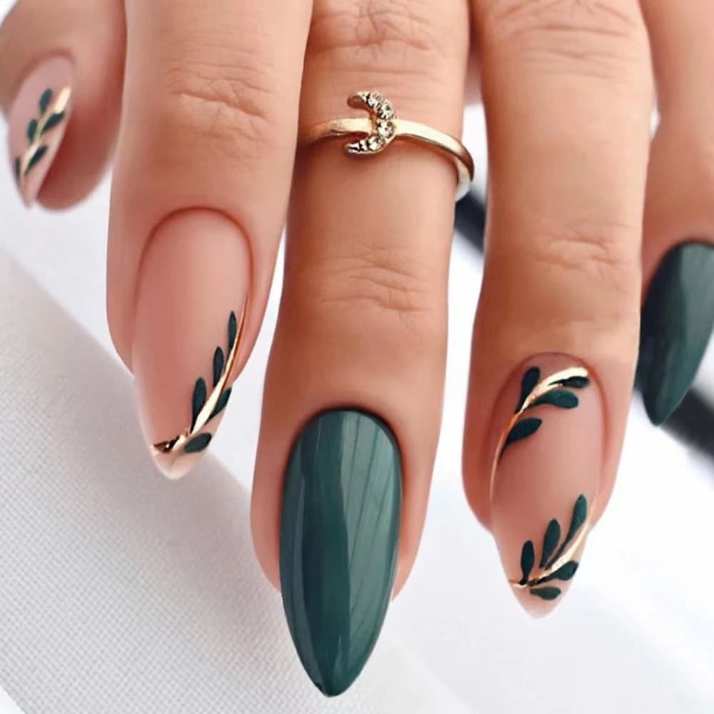 Fresh Mint Green Fake Nail Tips Finished Nails Simple Cool Green Leaf Wearable Nails Removable