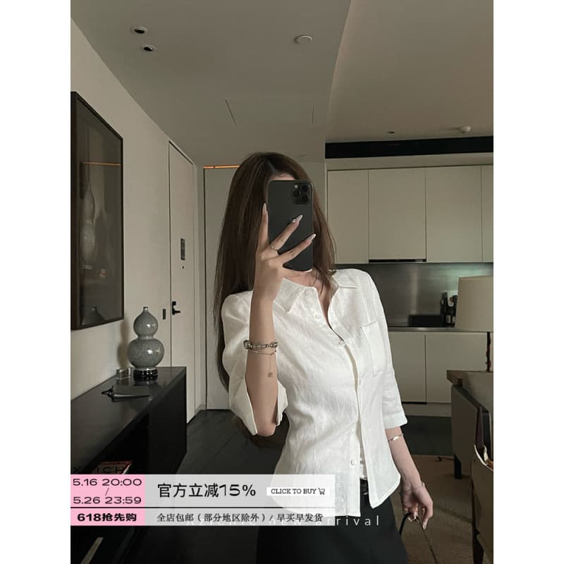 Linen Mid-Sleeve Blouse Women Summer New Natural Wrinkle Texture Shirt Waist-Top