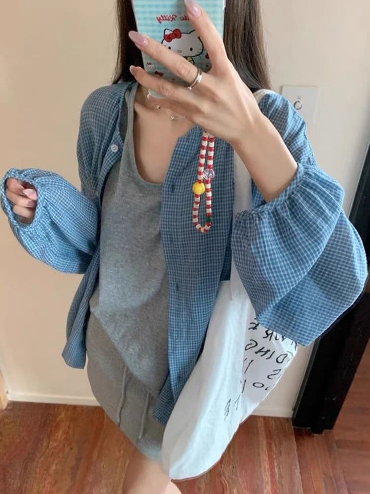 Summer New Lazy Korean Style Plaid Shirt, Versatile Casual Shirt Outerwear, Slimming Top 2025 Sun Protection Shirt for Women