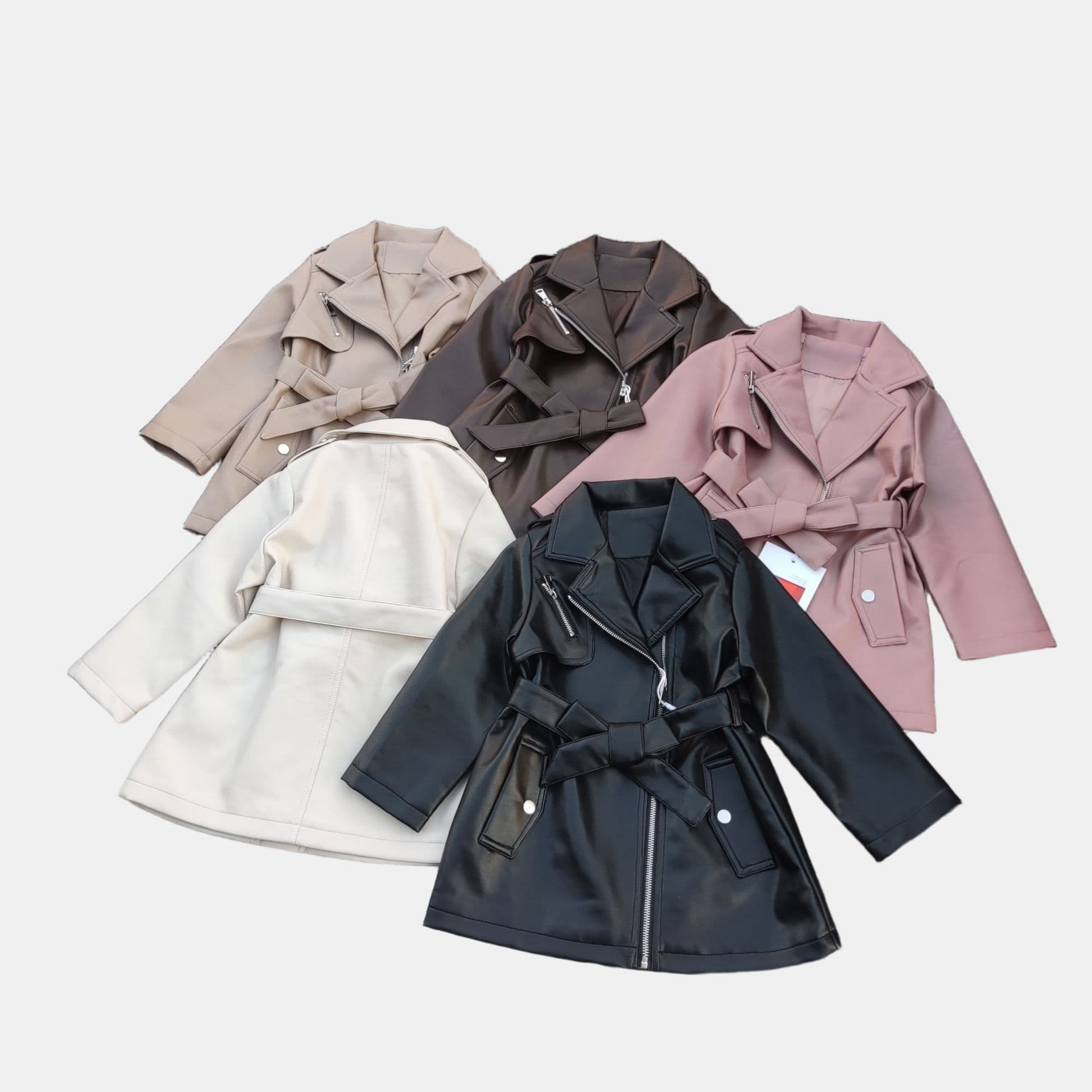 Girls' windbreaker children's lapel PU leather coat spring new lapel long-sleeved windbreaker spring and autumn mid-length jacket