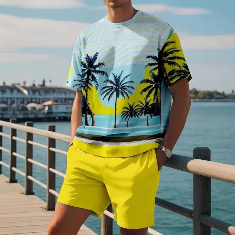 Men's Summer New Short Sleeve and Shorts Set with Small Coconut Tree Print for Beach Leisure