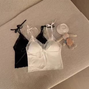 New Lace V-Neck Camisole Tank Top for Women Summer Sexy Pure Backless Bra with Built-in Pads Top