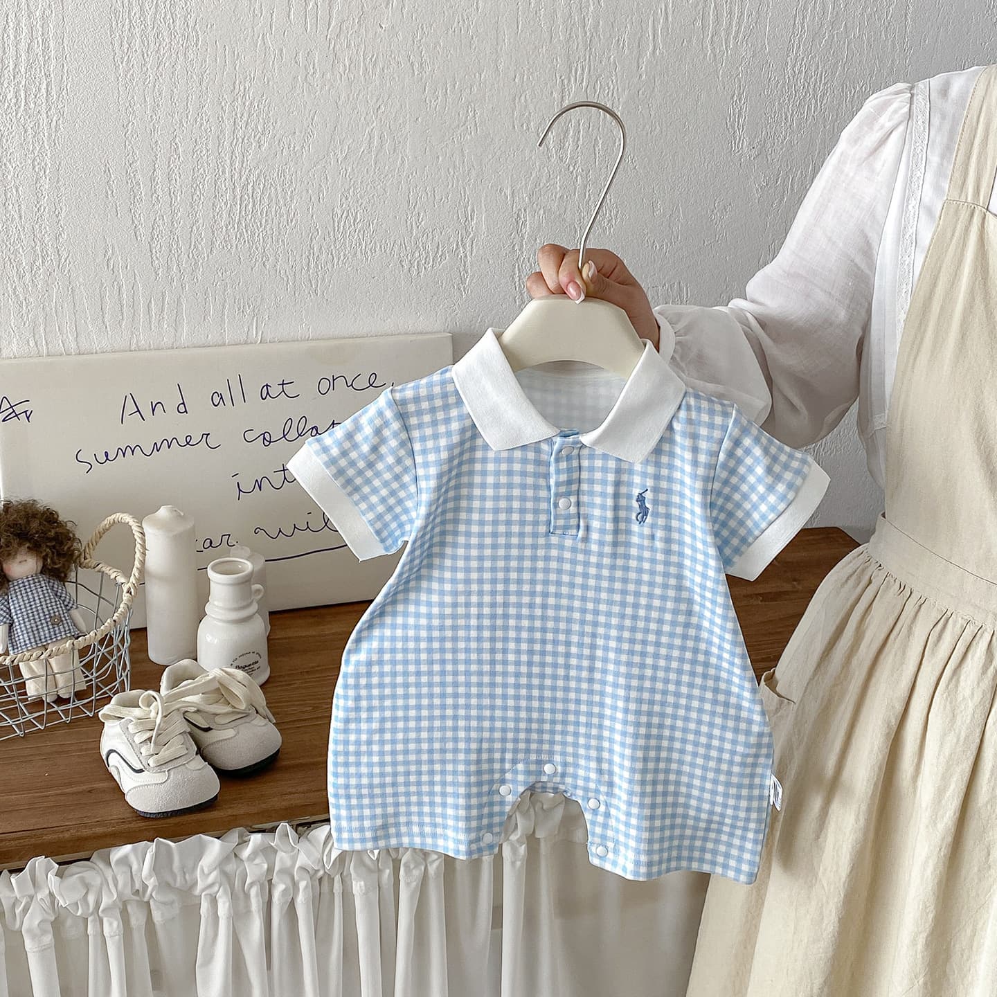 Summer new style plaid short-sleeved harem infant and toddler casual all-match bag fart clothing for baby girls Western-style one-piece clothing crawler suit