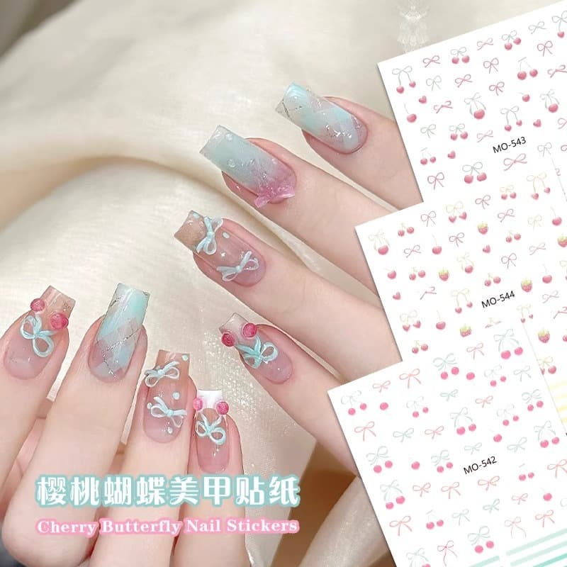 Summer Nail Art Mint Cherry Strawberry Stickers Embossed 3D Ins New Cute Bow Nail Decorations
