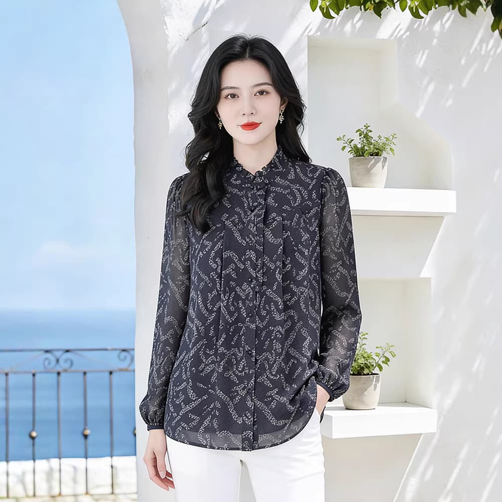 2025 Spring/Summer New Floral Print Slimming Loose Plus Size Chiffon Blouse Top for Plus Size Women Middle-aged Mother