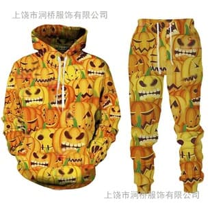 Funny Halloween 3D Digital Print Hoodie Two-Piece Set Cross-Border New Men's Autumn Hoodie Sweatpants Custom