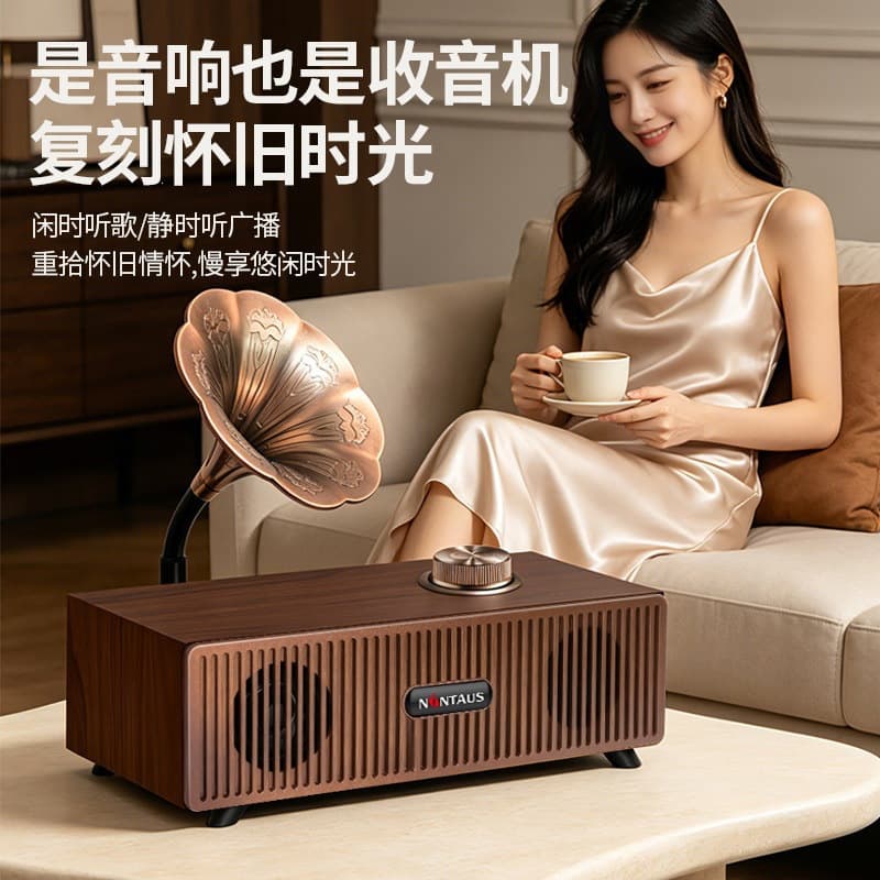 Jinzheng ZM01 Bluetooth Speaker Home Wooden Retro Radio Dual Speaker Heavy Bass Desktop Speaker