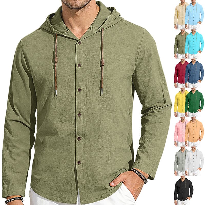 Cross-border EU/US Amazon TK Men's Hooded Drawstring Cotton Shirt Solid Color Loose Long Sleeve Casual Beachwear