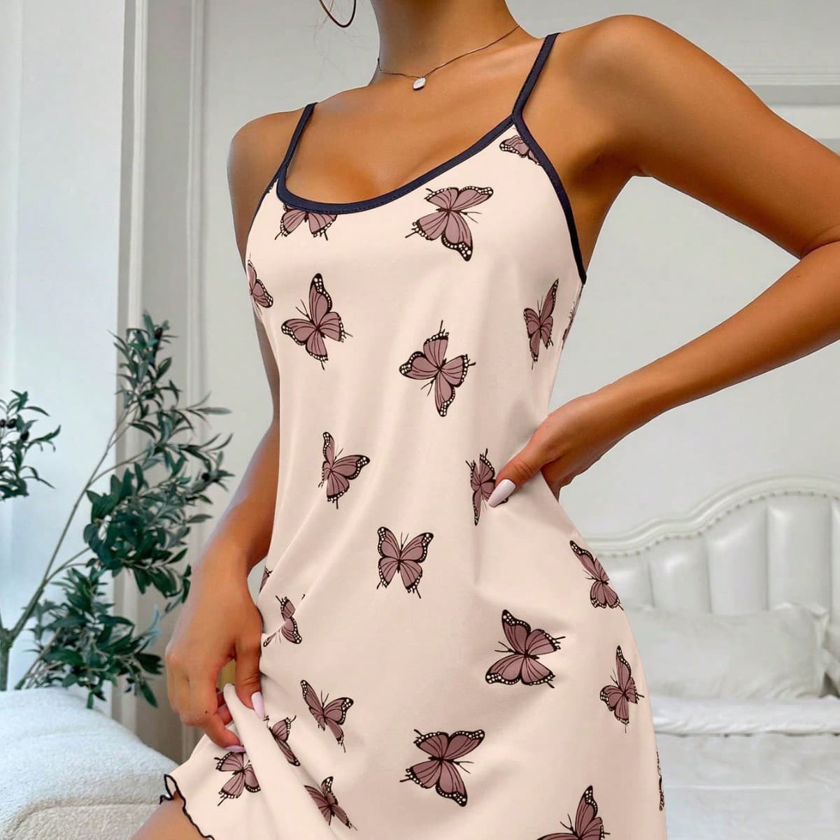Summer Cross-Border New Women's Spaghetti Strap Pajama Dress, European and American Style Sexy Butterfly Print Pajamas for Women