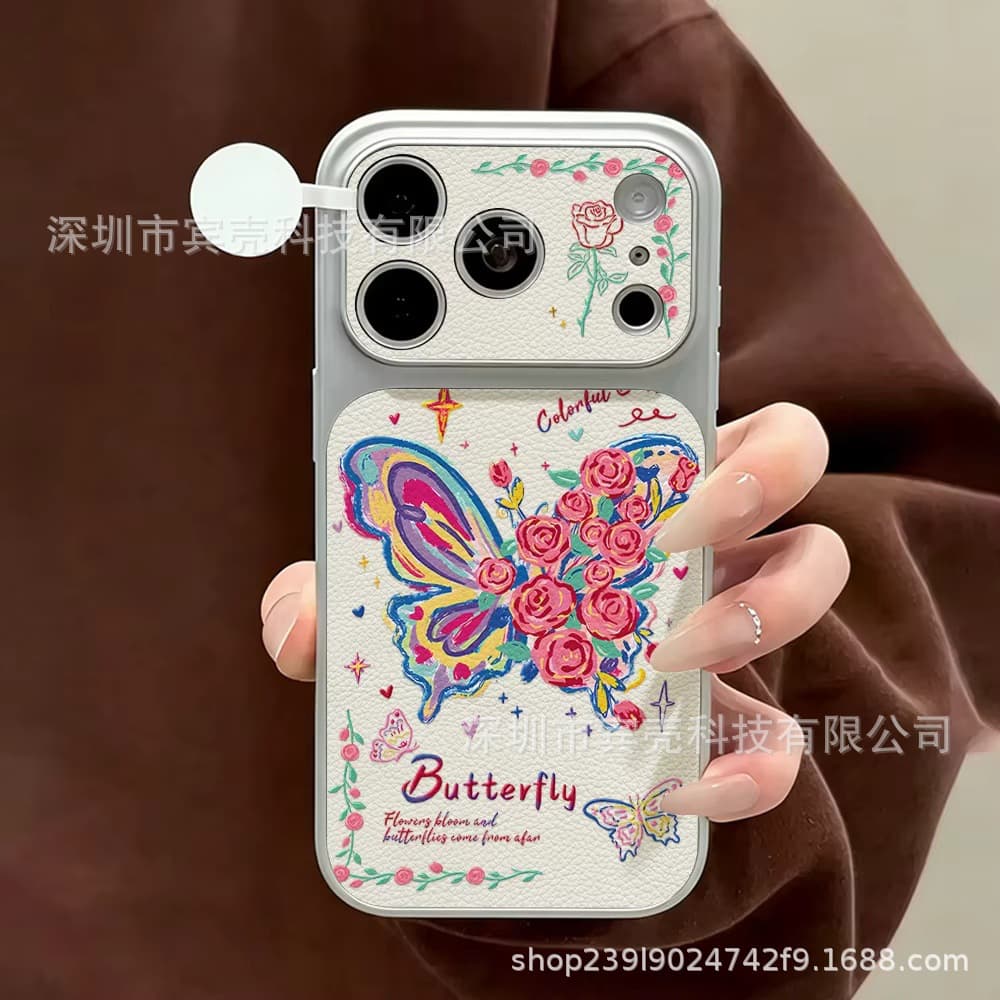 Rose butterfly suitable for iPhone17 mobile phone case 16promax large window 15 leather 13 anti-fall 12 protective cover