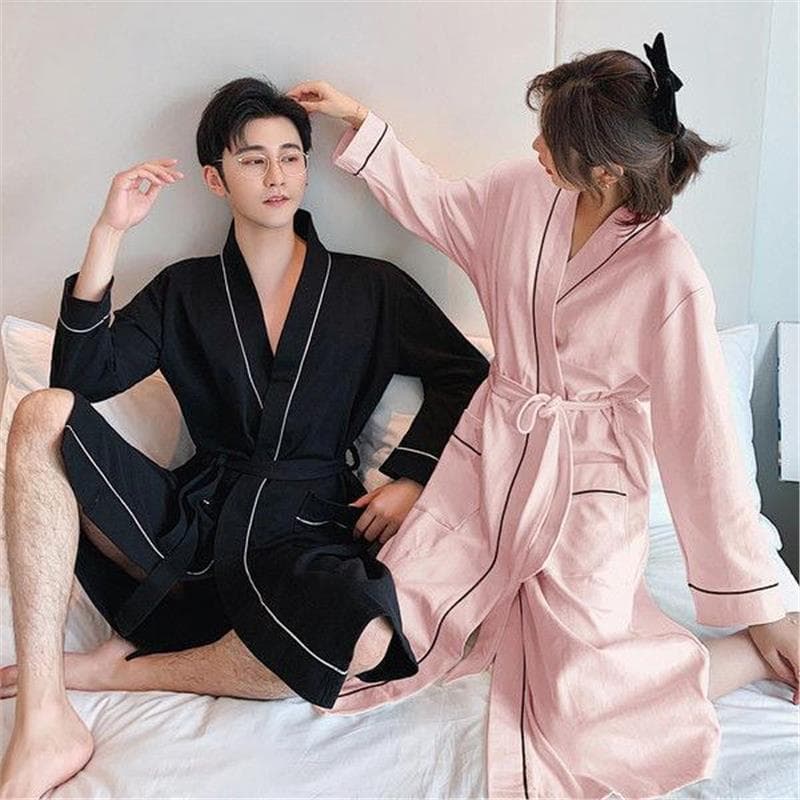 Autumn and Winter New Couple Pure Cotton Nightgown Korean Style Long-Sleeved Women's Plus Size Pajamas Men's Hotel Bathrobe