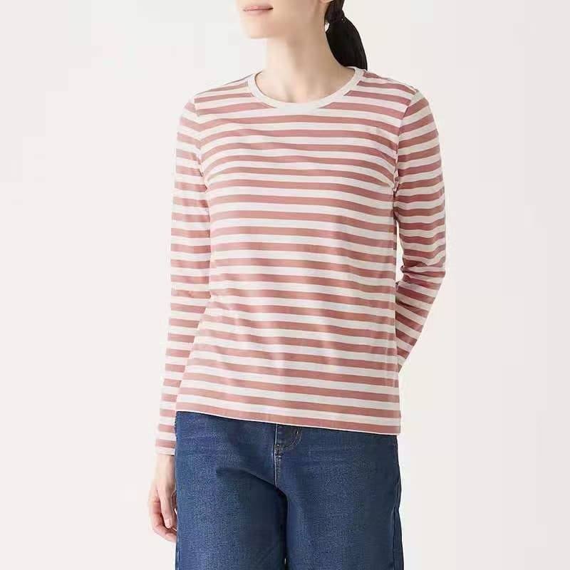 Muji Japanese Style Long Sleeve T-Shirt Cotton Striped Knit Top Spring Summer Women's Casual Undershirt