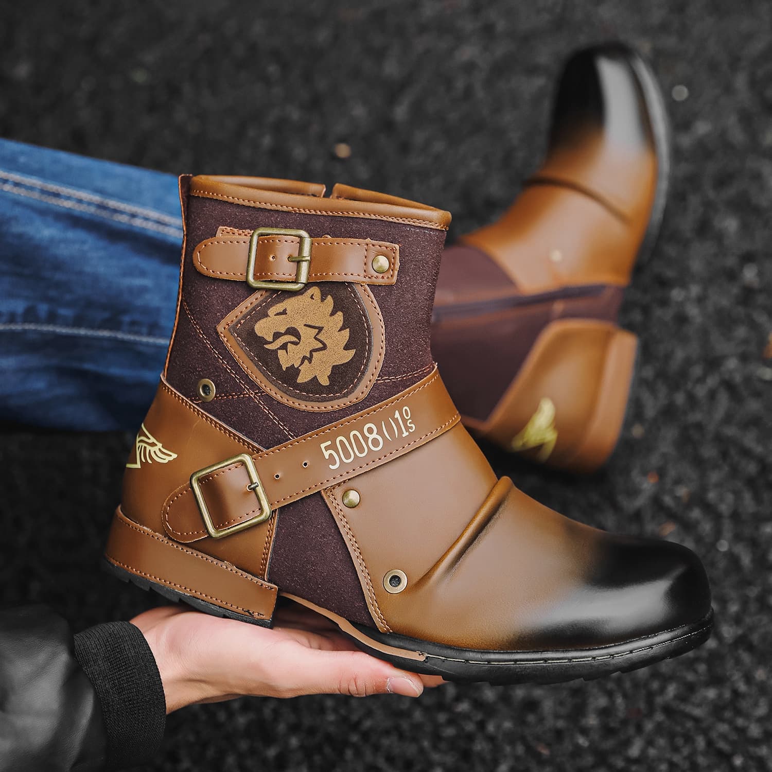 HPIOPL5008 cross-border round toe retro metal buckle side zipper men's boots OPP zipper bag packaging no shoe box