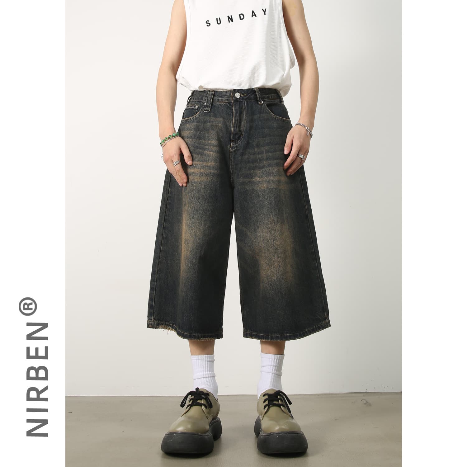 nirben Denim | New American Retro Distressed Denim Shorts - Versatile Loose Wide Leg Straight Cropped Pants