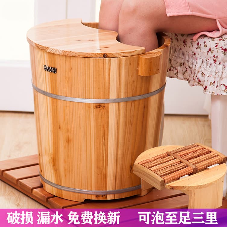 40cm High Fir Wood Foot Soaking Bucket with Lid, Home Pedicure Basin and Wooden Foot Bath Tub