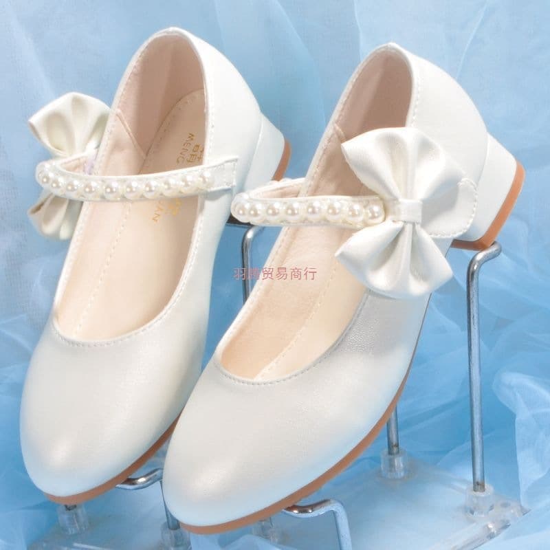 White Leather Princess Shoes for Girls, School Uniform Choir Performance Shoes, Soft Sole Spring/Autumn Children's Heeled Shoes