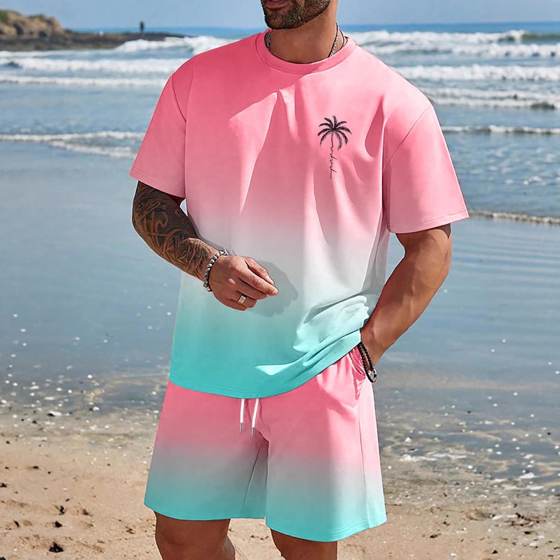 Casual Trendy TEMU Summer 3D Print Gradient Coconut Tree Pattern T-Shirt and Shorts Two-Piece Set for Men