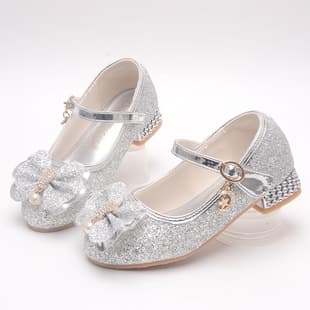 Girls' High Heel Shoes Spring Autumn New Kids Princess Shoes Versatile Soft Sole Silver Crystal Shoes Little Girl Performance Leather Shoes