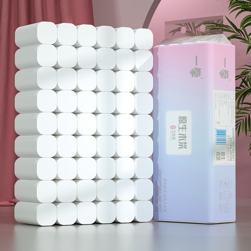 Case of 84 toilet paper rolls for home use, economical coreless tissue made from wood pulp, suitable for hand drying and commercial stalls.