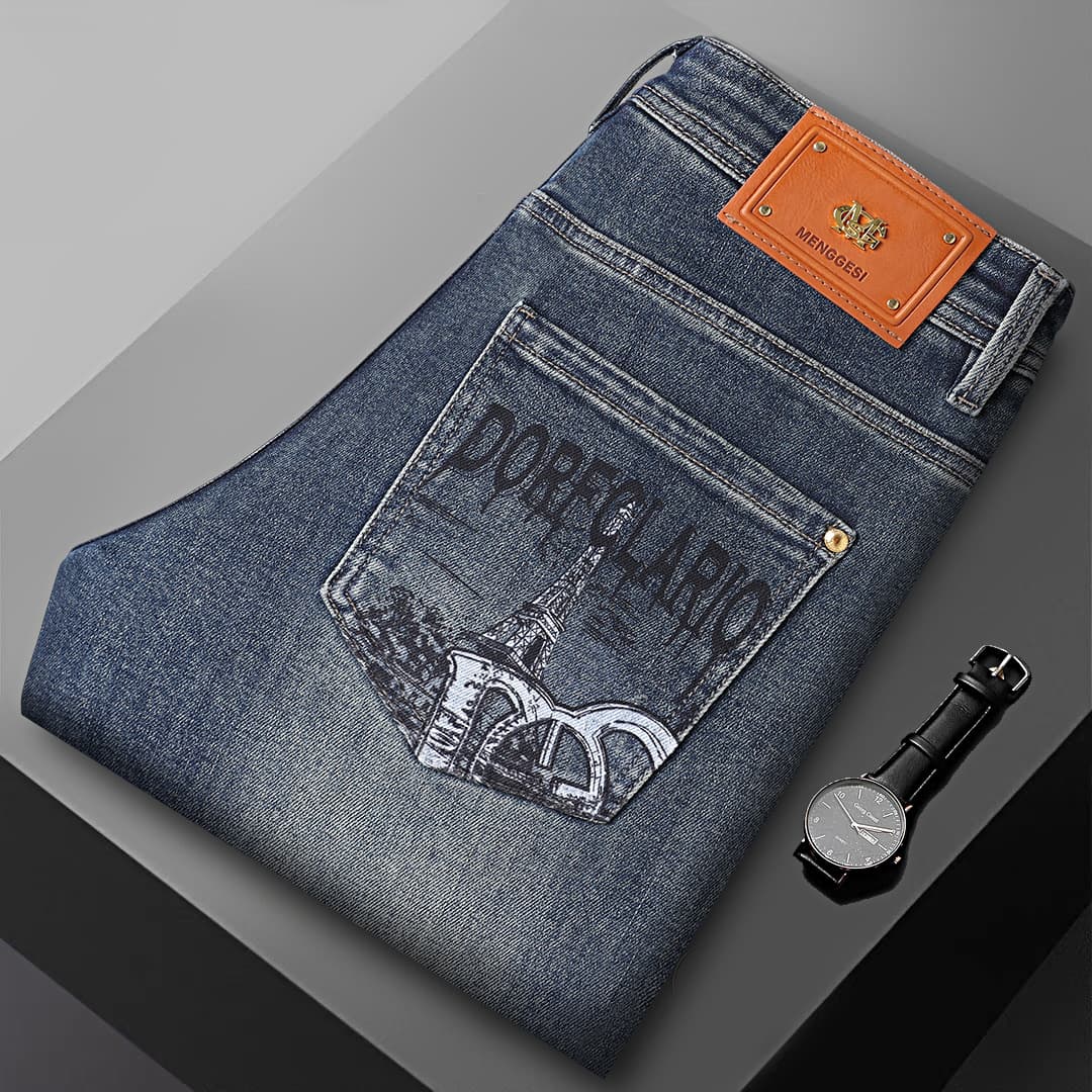 High-End Retro Blue Jeans for Men 2025 Autumn/Winter New Luxury Streetwear Printed Slim Fit Skinny Pants AliExpress