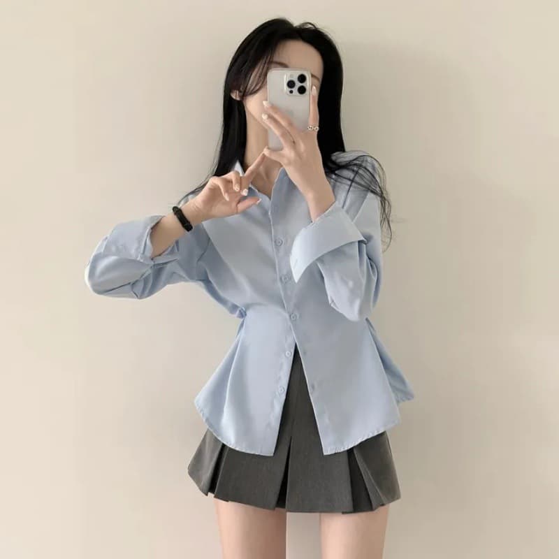 Korean Early Spring Simple Solid Color Fashion Design Side Seam Button Waist-Tightening Slim Long-Sleeve Blouse for Women