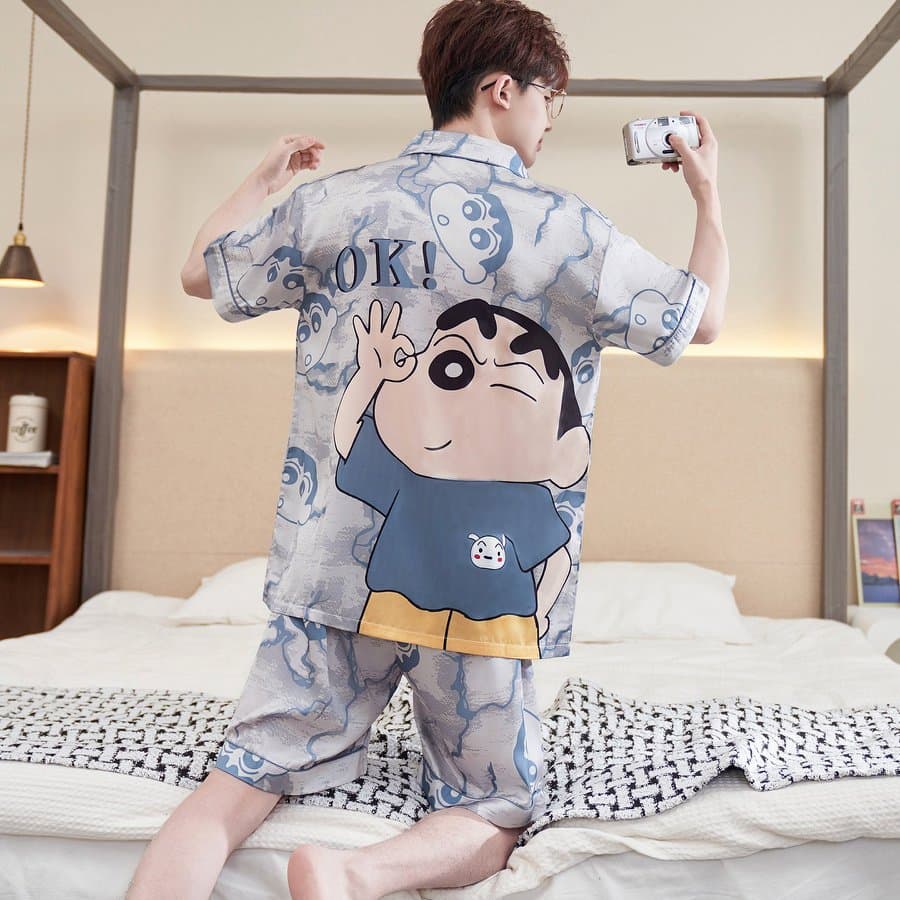 High-end Ice Silk Men's Pajama Short Sleeves Cartoon Style Trendy Brand Outerwear Home Clothes Suit