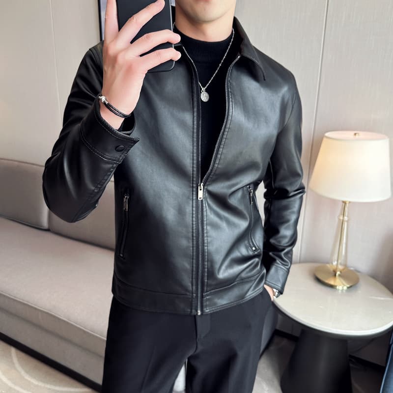 Men's PU Leather Jacket Fall New Trendy Stand Collar Motorcycle Coat Windproof Slim Fit Stylish Biker Jacket