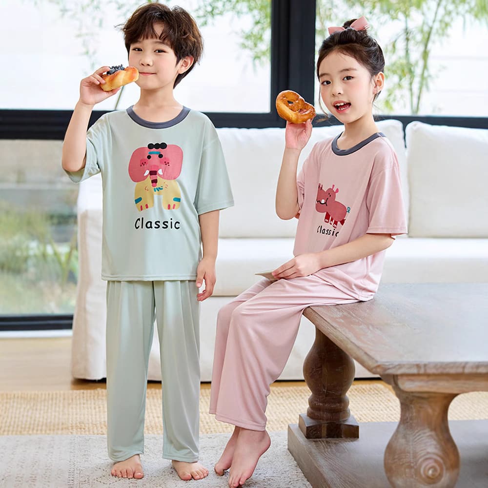 2025 Summer Children's Tencel Loungewear Boys' Lyocell Pajamas Mid-Large Child Short Sleeve Long Pants Girls' Air Conditioning Suit