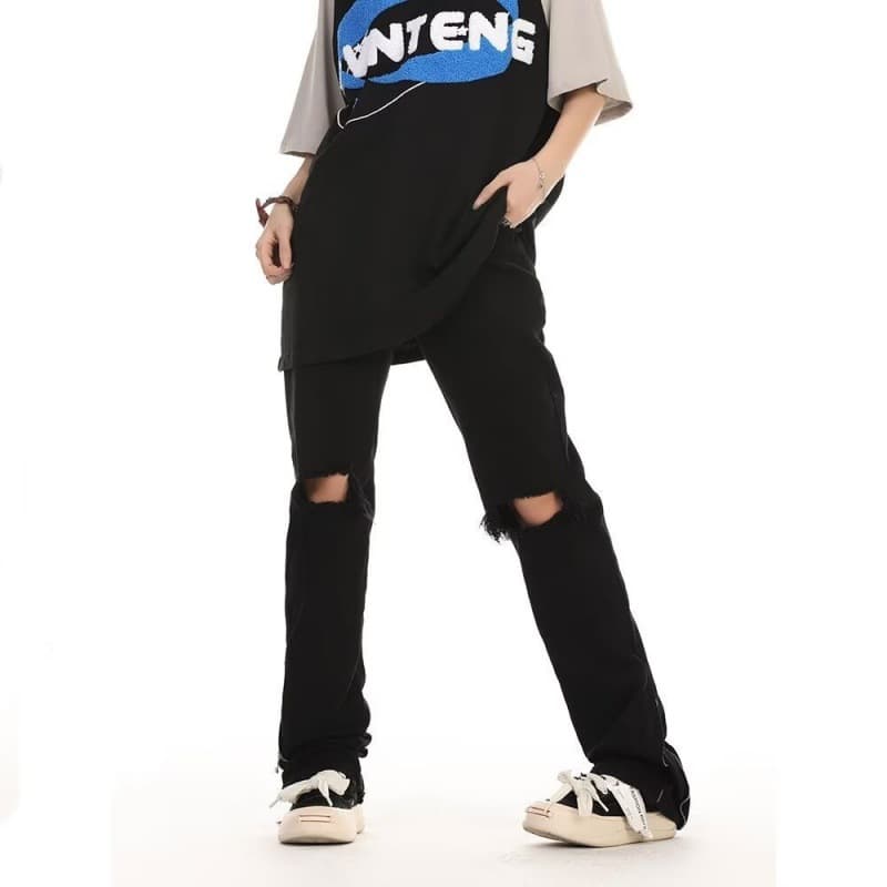 American Street Washed Old Ripped Jeans Men's Spring and Autumn Straight Loose European and American High Street Vibe Style Long Pants